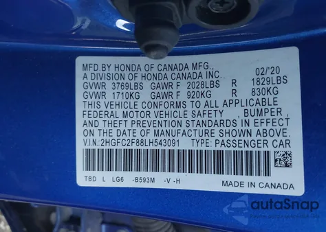 2020 Honda Civic Sport from USA, damaged, VIN 2HGFC2F88LH543091